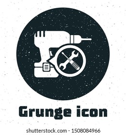 Grunge Drill machine with screwdriver and wrench icon isolated on white background. Adjusting, service, setting, maintenance, repair, fixing.  Vector Illustration