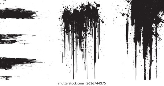 Grunge Dripping Ink and Brush Stroke Texture Set, Abstract Black Paint Splatter Overlays