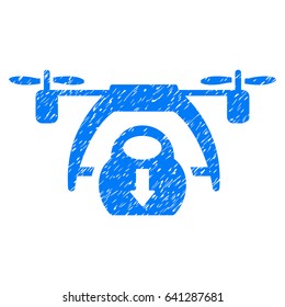Grunge Drone Unloading icon with grunge design and unclean texture. Unclean vector blue pictogram for rubber seal stamp imitations and watermarks. Draft emblem symbol.