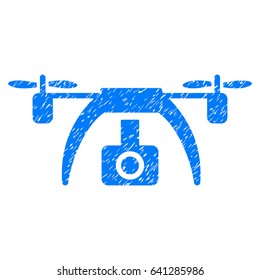 Grunge Drone Video Camera icon with grunge design and dust texture. Unclean vector blue pictogram for rubber seal stamp imitations and watermarks. Draft sticker symbol.