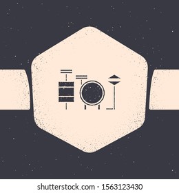 Grunge Drums icon isolated on grey background. Music sign. Musical instrument symbol. Monochrome vintage drawing. Vector Illustration
