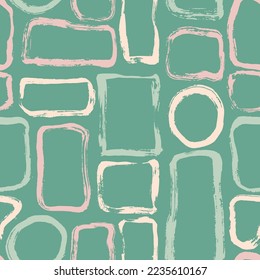 Grunge Dry Brush Circles and Square Vector Seamless Pattern.