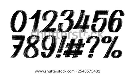 Grunge dry brush drawn numbers from 0 to 9 percent, hash sign. Set of dirty painted numbers. Collection of hand drawn typography elements.  Vector distressed characters with bold dry brush strokes.