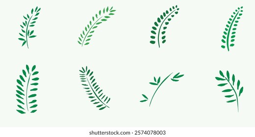 Grunge dry brush fern leaves set, vector, freehand, watercolour, isolated.