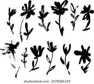Grunge Dry Brush Flowers Set.