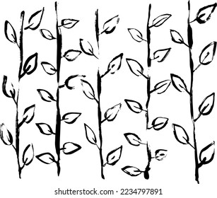 Grunge Dry Brush Hand Drawn Vector Set of Branches with Leaves.