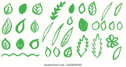 Grunge dry brush leaves set, hand drawn, vector, isolated