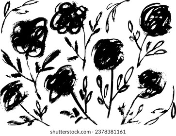 Grunge Dry Brush Rose Flowers Set.
