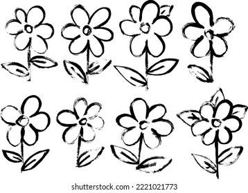Grunge Dry Brush Vector Flowers Set.
