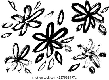 Grunge Dry Brush Vector Flowers Set.