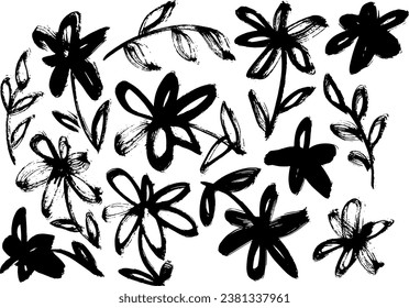 Grunge Dry Brush Vector Flowers Set.