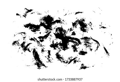 Grunge dry ink texture hand brushed. Vector illustration. Abstract dirty print. Black spot and silhouette on white paper. Overlay, multiply urban retro filter. Expressive art textured background.