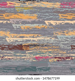 Grunge Dry Paint Surface. Stripy Crayon Pencil Strokes. Seamless Pattern. Summer Chalk Print. Khaki and Camo Backdrop. Swipe Charcoal Texture Surface. Dirty Brush Vector Background.