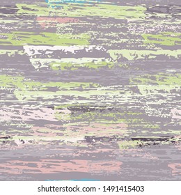 Grunge Dry Paint Surface. Stripy Crayon Pencil Strokes. Seamless Pattern. Chalk Trends Motif. Trending Khaki and Camo Backdrop. Swipe Charcoal Texture Surface. Dirty Brush Vector Background.