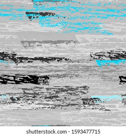 Grunge Dry Paint Surface. Stripy Crayon Pencil Strokes. Seamless Pattern. Modern Chalk Print. Blue and Gray Backdrop. Swipe Charcoal Texture Surface. Dirty Brush Vector Background.