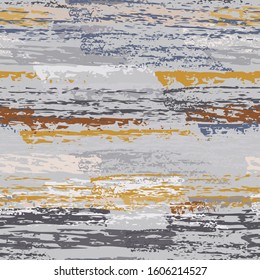 Grunge Dry Paint Surface. Stripy Crayon Pencil Strokes. Seamless Pattern. Creative Chalk Print. Khaki and Camo Backdrop. Swipe Charcoal Texture Surface. Dirty Brush Vector Background.