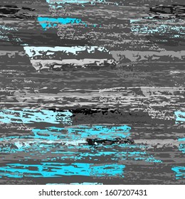 Grunge Dry Paint Surface. Stripy Crayon Pencil Strokes. Seamless Pattern. Sport Chalk Print. Blue and Gray Backdrop. Swipe Charcoal Texture Surface. Dirty Brush Vector Background.