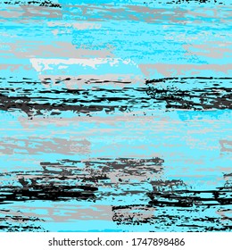 Grunge Dry Paint Surface. Stripy Crayon Pencil Strokes. Seamless Pattern. Summer Chalk Print. Blue and Gray Backdrop. Swipe Charcoal Texture Surface. Dirty Brush Vector Background.