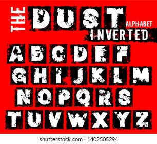 Grunge dust letters. Inverted off road lettering with dirty ground texture. Editable vector illustration. Beautiful typography useful for automotive extreme poster, print, leaflet design.