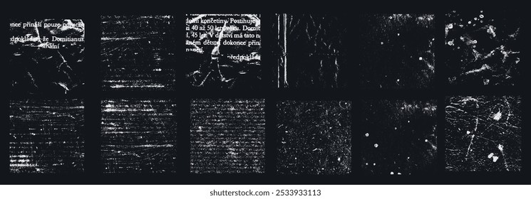 Grunge Dust and Scratches Texture Collection. Set of Worn Overlay Distressed Background. Black and White Dirty Wall Surface