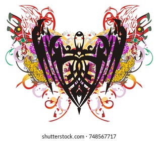 Grunge eagle symbol color splashes. Eagle symbol, similar to a shield, with red wings, arrows, linear patterns and elements of a jaguar