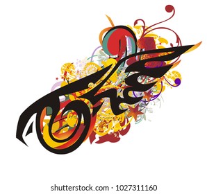 Grunge eagle symbol in the eye form. The eye stylized in the form of an eagle with a wing against the background of color splashes and floral elements 