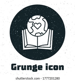 Grunge el globo terrestre y el icono del libro aislado en el fondo blanco. Signo mundial o terrestre. Símbolo global de internet. Formas geométricas. Dibujo vintage monocromo. Ilustración vectorial