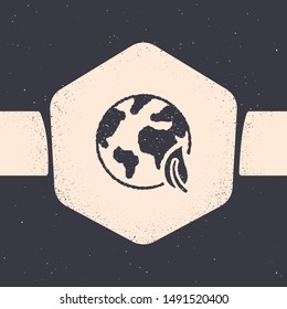 Grunge Earth globe and leaf icon isolated on grey background. World or Earth sign. Geometric shapes. Environmental concept. Monochrome vintage drawing. Vector Illustration