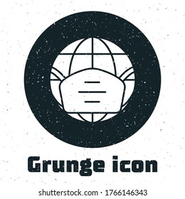 Grunge Earth globe with medical mask icon isolated on white background. Monochrome vintage drawing. Vector.