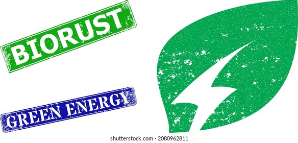 Icono de la electricidad ecológica y sello de sello de sello Biorust no limpio en rectángulo. Biorrusia verde vectorial y marcas de agua de la Energía Verde azul con textura de caucho grunge, diseñadas para ilustración ecológica de la electricidad.