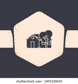 Grunge Eco friendly house icon isolated on grey background. Eco house with tree. Monochrome vintage drawing. Vector Illustration