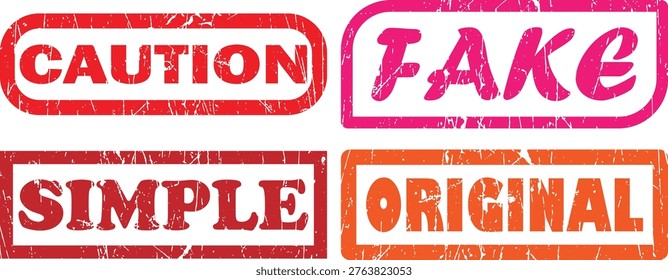 Grunge effect stamp collection featuring caution fake simple original words