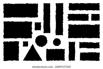 Grunge effect torn paper jagged sheet shape black circle rectangle silhouette vector illustration
