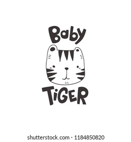 grunge effected cute tiger head drawing as vector with baby tiger hand drawn lettering. cute illustration for kid clothing print textile banner