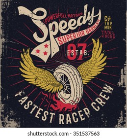 grunge effected racer print design with wings and wheen illustration