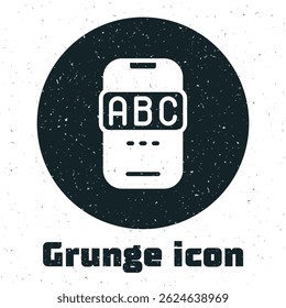 Grunge E-learning of different foreign languages through the mobile application icon isolated on white background. Monochrome vintage drawing. Vector