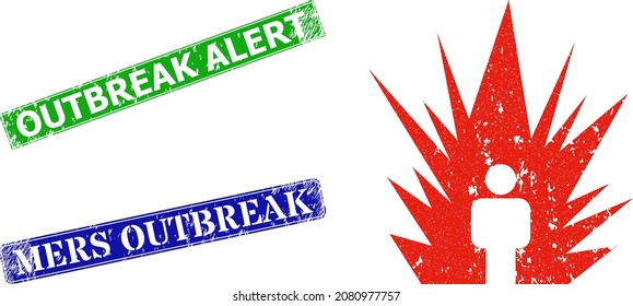 Grunge electric bang icon and rectangle unclean Outbreak Alert seal stamp. Vector green Outbreak Alert and blue Mers Outbreak seals with grunge rubber texture,