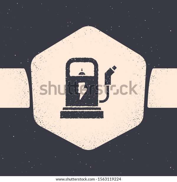 Grunge Electric car charging station icon\
isolated on grey background. Eco electric fuel pump sign.\
Monochrome vintage drawing. Vector\
Illustration