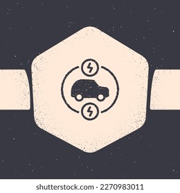 Grunge Electric car and electrical cable plug charging icon isolated on grey background. Renewable eco technologies. Monochrome vintage drawing. Vector