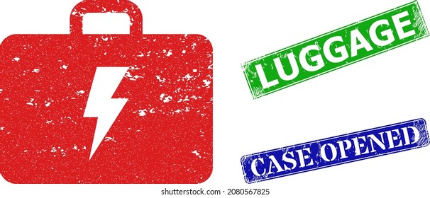 Grunge electric kit icon and rectangle scratched Luggage seal. Vector green Luggage and blue Case Opened watermarks with scratched rubber texture, designed for electric kit illustration.