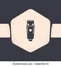 Grunge Electrical hair clipper or shaver icon isolated on grey background. Barbershop symbol. Monochrome vintage drawing. Vector Illustration