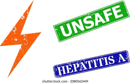 Grunge electrical hazard icon and rectangle textured Unsafe seal. Vector green Unsafe and blue Hepatitis A watermarks with grunge rubber texture, designed for electrical hazard illustration.