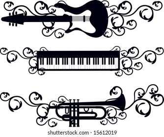 Grunge electronic musical explosion with keyboard, trumpet and electric guitar, one color.