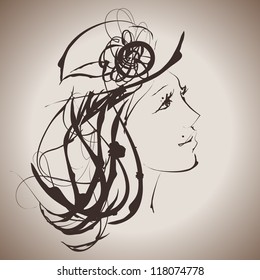 Grunge elegance ink splash illustration of young pretty woman