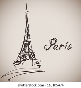  Grunge elegance ink splash illustration of Eiffel tower and calligraphy