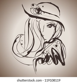 Grunge elegance ink splash illustration of beautiful woman