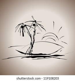 Grunge elegance ink splash illustration of symbol of island with palm trees