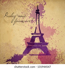 Grunge elegance ink splash illustration of Eiffel tower and calligraphy