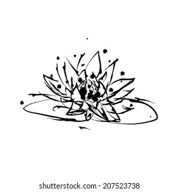 Grunge elegance ink splash illustration of water lily