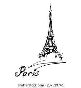 Grunge elegance ink splash illustration of Eiffel tower and calligraphy